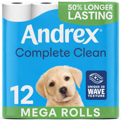 Andrex Complete Clean 12 Mega Toilet Rolls= 18 Standard Toilet Rolls, 50% Longer Lasting Paper with unique 3D Wave Texture for a Proven, Effective