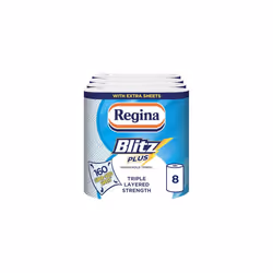 Regina Blitz Plus Household Towel ? 8 Rolls per Pack, 80 Sheets Per Roll, 3 Ply, Triple Layered Strength, Household Paper Tow ...