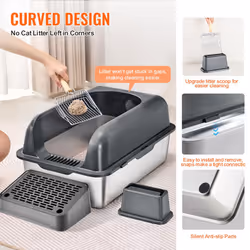 VEVOR Cat Litter Box, 6 inches Deep, XL Extra Large Stainless Steel Cat Litter Box with Scoop, Wide Filtering Foot Board & High Sides, Enclosed