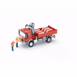 siku 3534, Lorry with Loading Area and Crane, 1:50, Metal,Plastic, Red, Incl. 2 toy figures and 12 traffic barriers