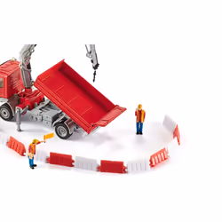 siku 3534, Lorry with Loading Area and Crane, 1:50, Metal,Plastic, Red, Incl. 2 toy figures and 12 traffic barriers