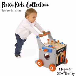 Janod - Brico'Kids Wooden Diy Trolley for Children - Magnetic - Pretend Play - 25 Tools and Accessories Included - For children from the Age of 18