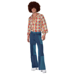 Smiffys 70s Retro Costume, Blue with Shirt & Patchwork Denim Trousers, 1970's Disco Fancy Dress, 1970s Dress Up Costumes