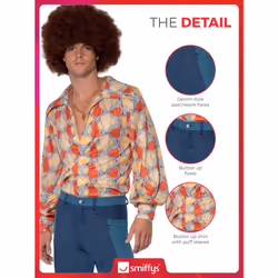 Smiffys 70s Retro Costume, Blue with Shirt & Patchwork Denim Trousers, 1970's Disco Fancy Dress, 1970s Dress Up Costumes