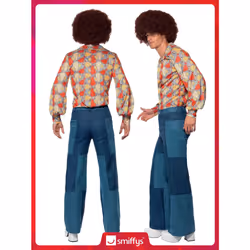 Smiffys 70s Retro Costume, Blue with Shirt & Patchwork Denim Trousers, 1970's Disco Fancy Dress, 1970s Dress Up Costumes