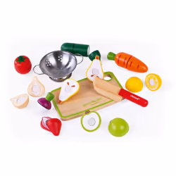 Janod - Green Market Fruits and Vegetable Maxi Set - Market Crate with 9 Velcro Fruits and Vegetables to Cut - Wooden Board a ...