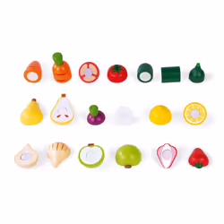 Janod - Green Market Fruits and Vegetable Maxi Set - Market Crate with 9 Velcro Fruits and Vegetables to Cut - Wooden Board and Knife - Metal Colander