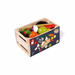 Janod - Green Market Fruits and Vegetable Maxi Set - Market Crate with 9 Velcro Fruits and Vegetables to Cut - Wooden Board and Knife - Metal Colander