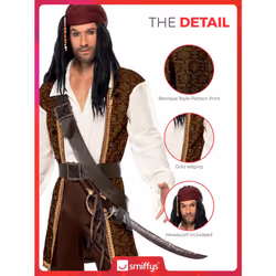 Smiffys High Seas Pirate Costume, Brown Top, Short Trousers, Baldric, Belt & Headscarf, Fancy Dress, Pirate Dress Up Costumes