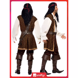 Smiffys High Seas Pirate Costume, Brown Top, Short Trousers, Baldric, Belt & Headscarf, Fancy Dress, Pirate Dress Up Costumes