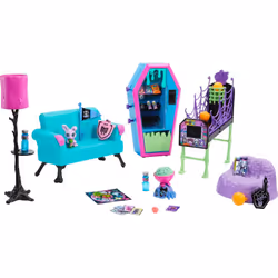 Monster High Student Lounge Playset, Doll House Furniture and Themed Accessories with Two Pets and Working Vending Machine