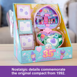 Polly Pocket Dolls and Playset, Collector Heritage Compact, 35th Birthday Partytime Stamper with 2 Dolls, 3 Party Stamps, and 12 Stationary Cards,