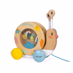 Janod - Wooden Pure Pull-Along Snail - Wooden Toy with Xylophone and Tambourine - Water Based Paint - Educational Musical Ear ...