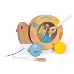 Janod - Wooden Pure Pull-Along Snail - Wooden Toy with Xylophone and Tambourine - Water Based Paint - Educational Musical Early Learning Toy - from 1
