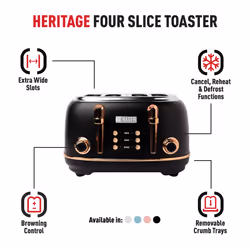 Haden Heritage Black Toaster 4 Slice - Adjustable Browning Control, Reheat and Defrost Functions 4 Slice Toaster - Stainless Steel Toaster 4 Slice -