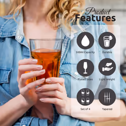 Premier Housewares Luxor Drinking Glasses Set of 4 | Tumbler Water Glass Cups for Everyday Use | Solid Tall Pint Glasses for Highball | BBQ, Juice,