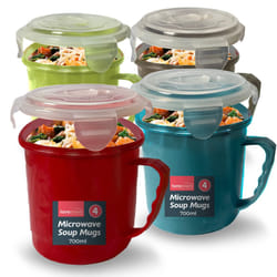 SOL 4pk Microwave Soup Mugs 700ml - Heat-Resistant Microwavable Bowls for Home & Office - Leak-Proof and Dishwasher-Safe Food Containers