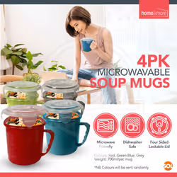 SOL 4pk Microwave Soup Mugs 700ml - Heat-Resistant Microwavable Bowls for Home & Office - Leak-Proof and Dishwasher-Safe Food Containers