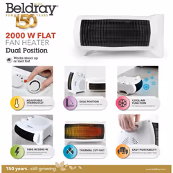 Beldray Electric Flatbed Fan Heater ? Upright Heater with 2 Heat Settings and Cool Air Function, Adjustable Thermostat, Overheat Protection, Dual