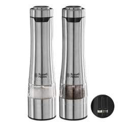 Russell Hobbs Stainless Steel Electric Salt & Pepper Mill Set with adjustable ceramic grinder heads for fine or coarse grinding, Battery operated,
