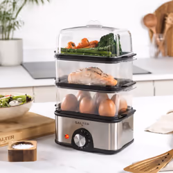 Salter EK5885 3-Tier Food Steamer, Compact Multi-Cooker, 3 Steam Baskets, Electric Egg Cooker with 8-Egg Capacity, Vegetable Steamer, 60-Minute Timer,