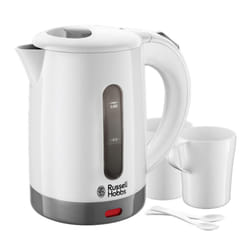 Russell Hobbs Electric 0.85L Travel Kettle, Small & Compact, Dual voltage, Ideal for abroad/caravan/camping, inc 2 cups & spoons, Removable washable
