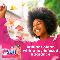 Surf 3 in 1 Tropical Lily Laundry Washing Detergent Capsules joy-infused fragrance with natural essential oils lasting up to 12 hours in wear for