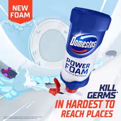 Domestos Power Foam Arctic Fresh Toilet & Bathroom Cleaner Spray sprays upside down & eliminates 99.99% of germs for cleaning inside the toilet &