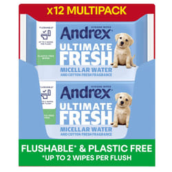 Andrex Ultimate Fresh Washlets, 12 Packs - Gentle, Biodegradable, Flushable Toilet Wipes for Everyday Hygiene, Use with Regular Toilet Roll for a