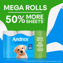 Andrex Complete Clean 12 Mega Toilet Rolls= 18 Standard Toilet Rolls, 50% Longer Lasting Paper with unique 3D Wave Texture for a Proven, Effective
