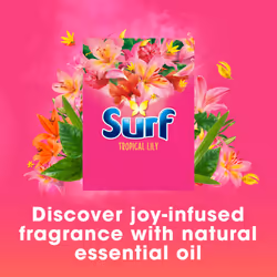 Surf Tropical Lily Washing Powder joy-infused fragrance with natural essential oil lasting up to 12 hours in wear for brilliantly clean laundry every