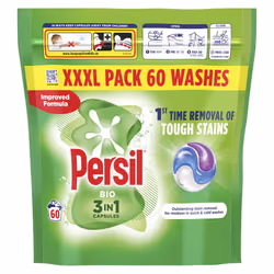 Persil Bio 3 in 1 Washing Capsules 1st time removal of tough stains outstanding stain removal in quick & cold washes 60 washe ...