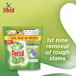 Persil Bio 3 in 1 Washing Capsules 1st time removal of tough stains outstanding stain removal in quick & cold washes 60 washes