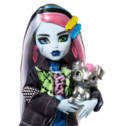 Monster High Frankie Stein Doll in Denim Jacket and Shorts, Includes Pet Dog Watzie and Accessories like a Backpack, Snack and Notebook, HXH73