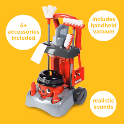 Casdon Henry & Hetty Toys - Henry Deluxe Cleaning Trolley - Red Henry-Inspired Toy Playset with Working Hand Vacuum - Kids Cleaning Trolley Set with