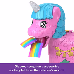 Polly Pocket Dolls & Playset with Pets & 25+ Surprise Accessories, Birthday Celebration Unicorn Partyland Playset, Hot Air Balloon Ride, HYD96
