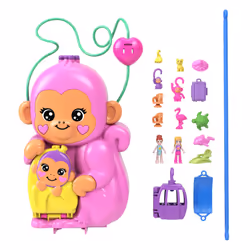Polly Pocket Dolls & Playset with Pets & 13 Accessories, 2-in-1 Momma Monkey & Baby Wearable Purse & Animal Toy