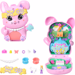 Polly Pocket Dolls and Playset, Tea Party Bunny Compact, Travel Toy with 1 Micro Doll, Pet Bunnies, Food & Fashion Styling Ac ...