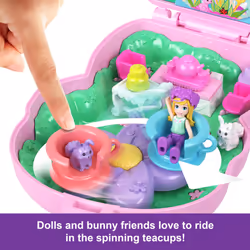 Polly Pocket Dolls and Playset, Tea Party Bunny Compact, Travel Toy with 1 Micro Doll, Pet Bunnies, Food & Fashion Styling Accessories, JCR40
