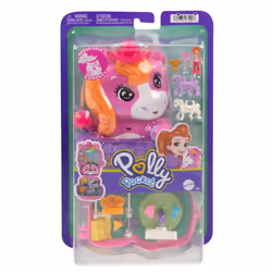 Polly Pocket Dolls and Playset, Pony Rodeo Compact, Travel Toy with 1 Micro Doll, Pet Horses, Food & Fashion Styling Accessories, JCR39