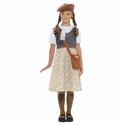 Smiffys Evacuee School Girl Costume, Grey with Dress, Hat, Bag & Name Tag, Girls Fancy Dress, Child Dress Up Costumes