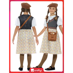 Smiffys Evacuee School Girl Costume, Grey with Dress, Hat, Bag & Name Tag, Girls Fancy Dress, Child Dress Up Costumes