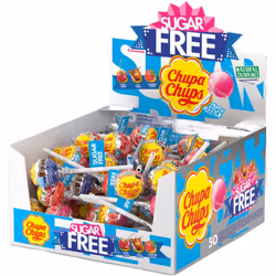 Chupa Chups Sugar Free Lollipop Display Box, Cherry, Cola & Strawberry Flavoured Assorted Party Sweets - 50 Lollies