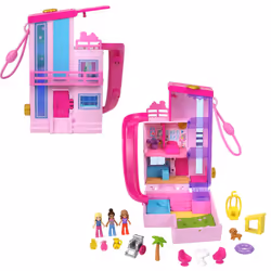 Polly Pocket Barbie Dreamhouse Compact, Dollhouse Playset with 3 Micro Dolls, 1 Puppy, 11 Accessories, Elevator & Pool, HWP11