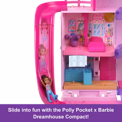 Polly Pocket Barbie Dreamhouse Compact, Dollhouse Playset with 3 Micro Dolls, 1 Puppy, 11 Accessories, Elevator & Pool, HWP11