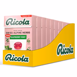 Ricola Raspberry Mint Sugar Free Swiss Herbal Sweets, Herb Drops, Sweet Box 45g - Pack of 10 Boxes