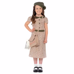Smiffys Evacuee Girl Costume, Patterned with Dress, Satchel, ID Tag & Beret, Girls Fancy Dress, 1940s Dress Up Costumes