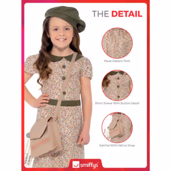 Smiffys Evacuee Girl Costume, Patterned with Dress, Satchel, ID Tag & Beret, Girls Fancy Dress, 1940s Dress Up Costumes