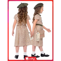 Smiffys Evacuee Girl Costume, Patterned with Dress, Satchel, ID Tag & Beret, Girls Fancy Dress, 1940s Dress Up Costumes