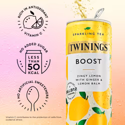 Twinings Boost - Lemon and Ginger Flavoured Sparkling Tea-Refreshing Fruity Beverage(12X250ml Cans)-No Added Sugar, Low in Caffeine/Calorie, Healthy